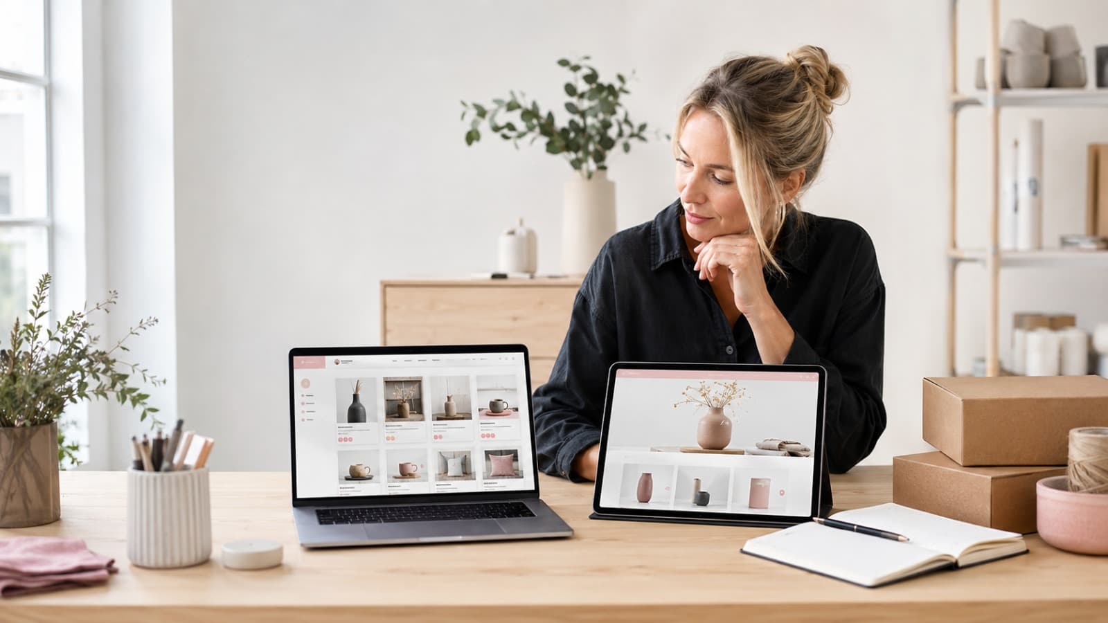 Seller showing products on a laptop and tablet